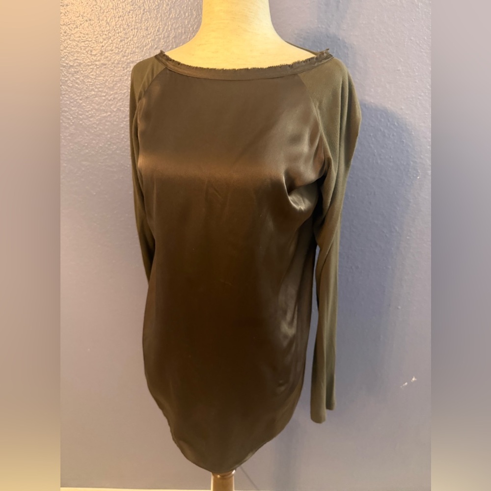 W by Worth Olive Green Long Sleeve Satin-Front Tee